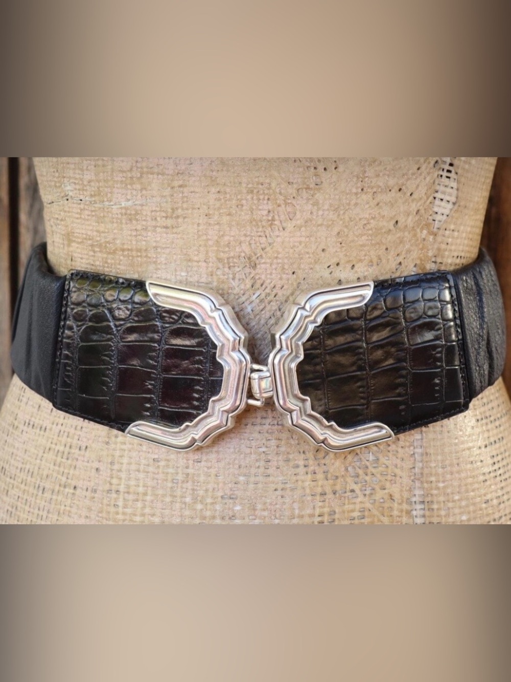 VTG 90’s Brighton Black Croc Soft Leather 2” Wide Belt Silver Clasp Buckle, 38”